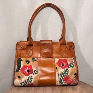 JOYN Handmade Brown Leather Floral Canvas Shoulder Bag